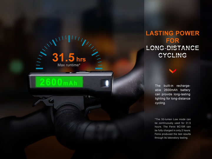 Fenix BC15R Bike Light on handlebar with graphics displaying its runtime