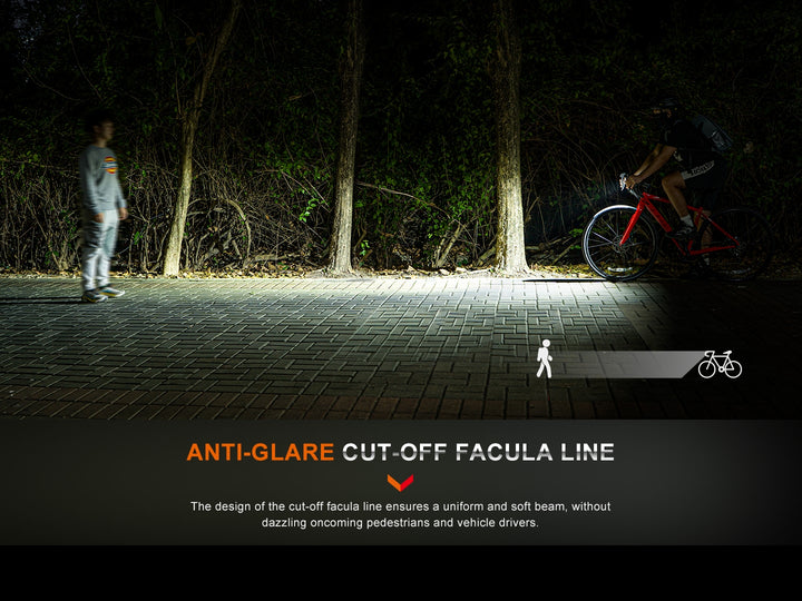 A cyclist approaching a pedestrian, the his Fenix BC15R Bike Light not shining in the pedestrian's face