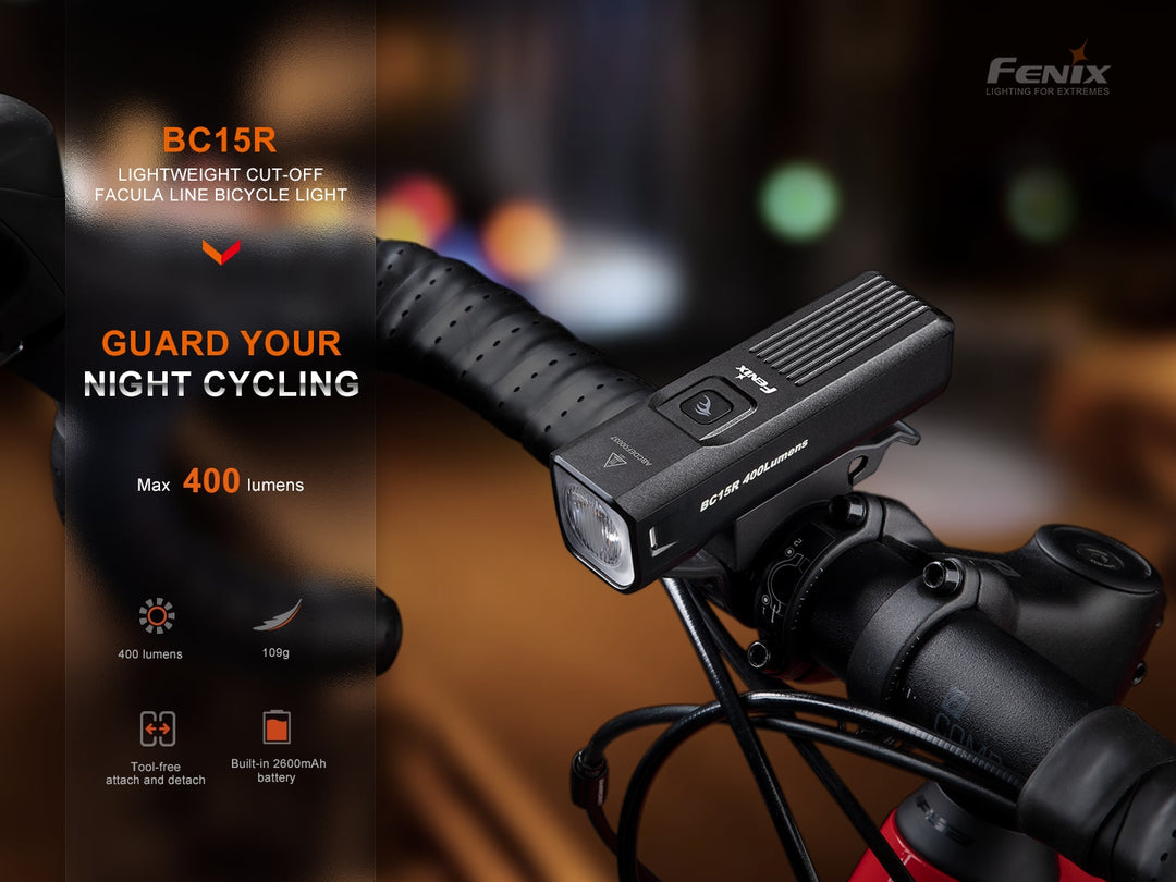 Fenix BC15R Bike Light attached to bicycle handlebar