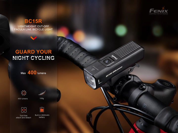 Fenix BC15R Bike Light attached to bicycle handlebar