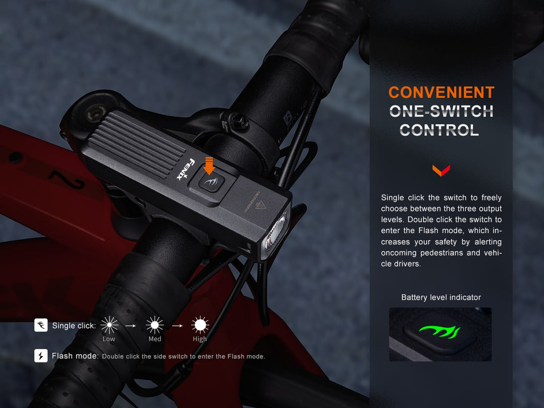 Fenix BC15R Bike Light attached to handlebar with graphics explaining its switch functionality