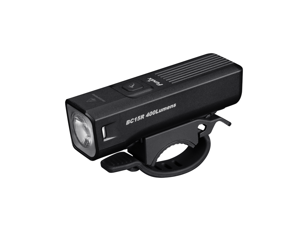 A black Fenix BC15R lightweight rechargeable bicycle light