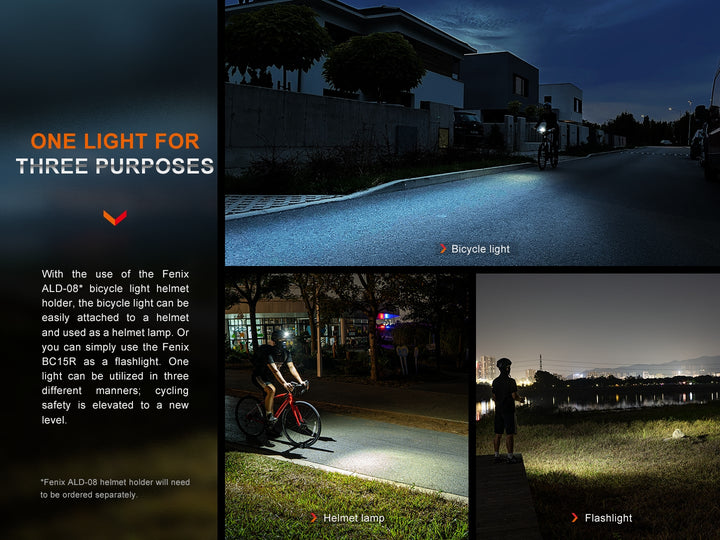 A series of three photos showing the Fenix BC15R Bike Light used in different ways