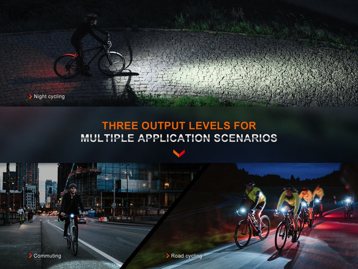 Three photos showing the Fenix BC15R Bike Light being used in a variety of scenarios