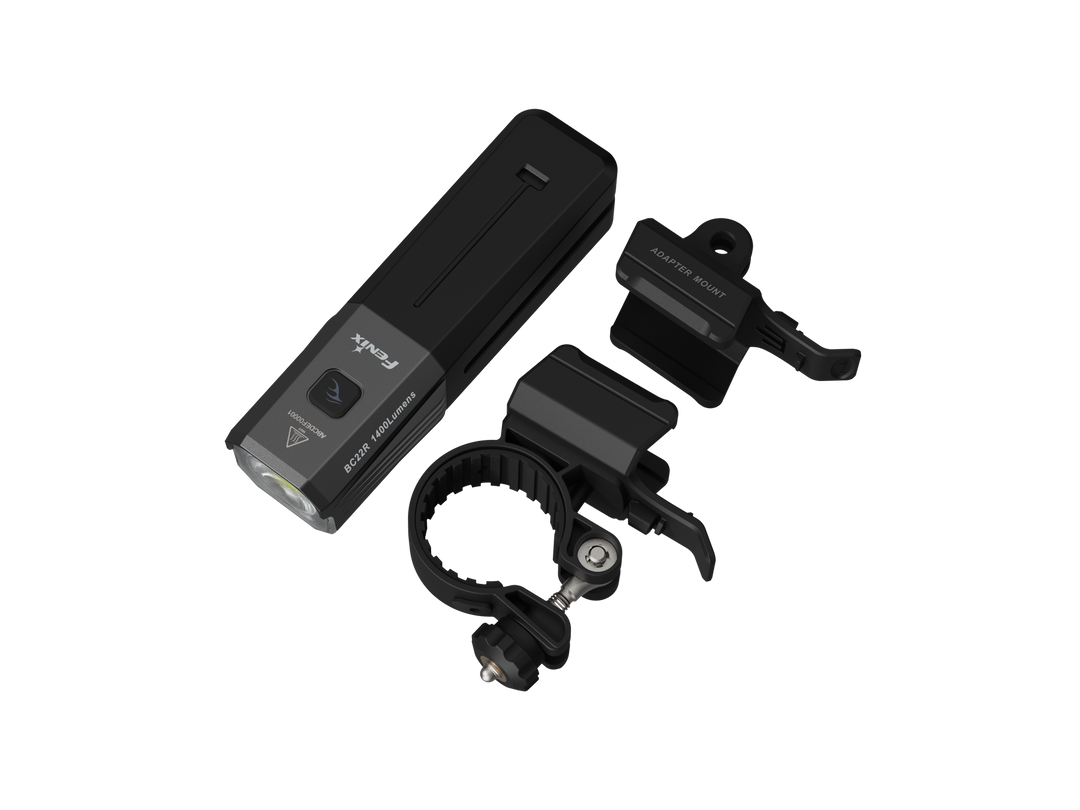 Fenix BC22R Bike Light with mounting tools viewed from above 