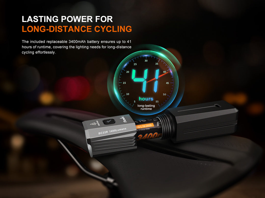 Graphic showing Fenix BC22R Bike Light's long runtime
