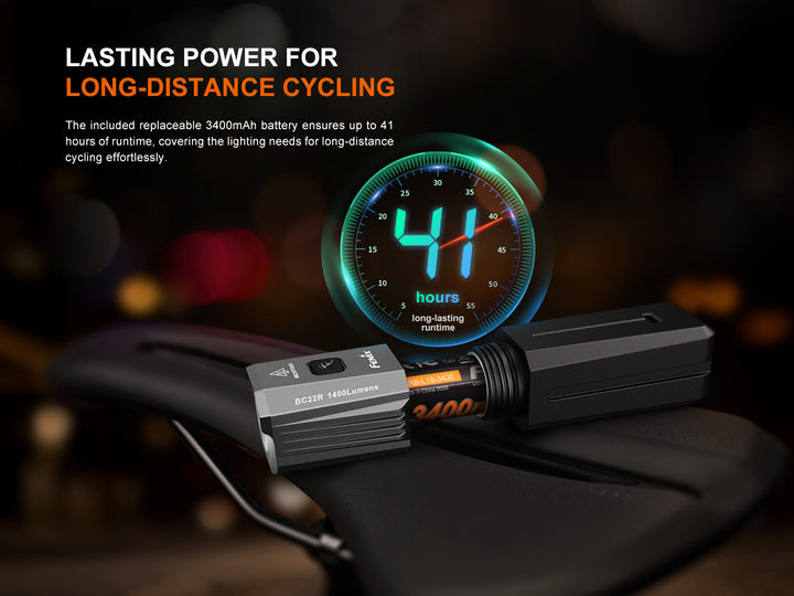 Graphic showing Fenix BC22R Bike Light's long runtime