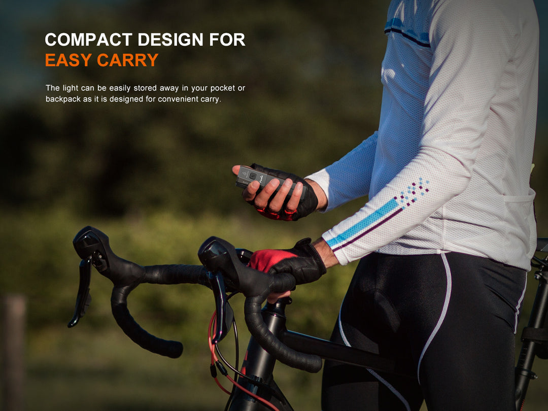 Fenix BC22R Bike Light held in hand showing small size