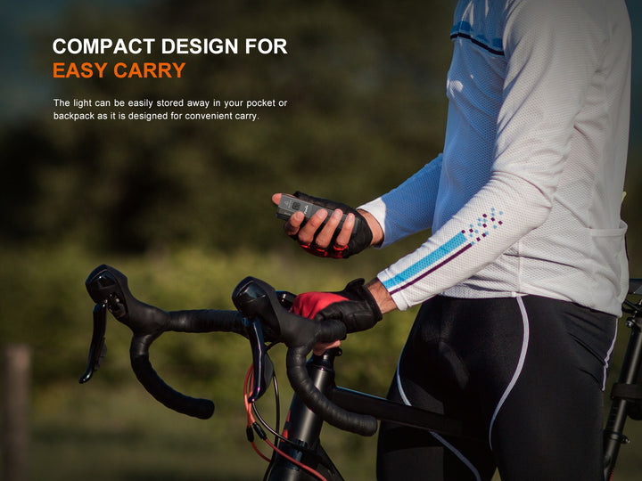 Fenix BC22R Bike Light held in hand showing small size