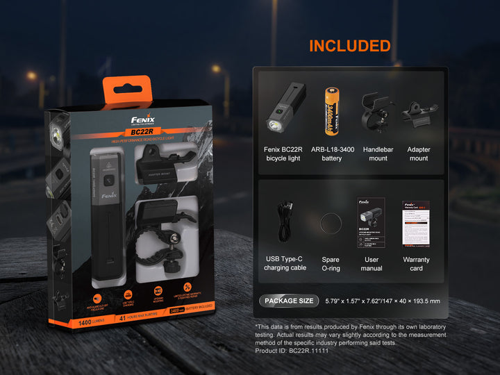Graphic showing Fenix BC22R Bike Light with included accessories