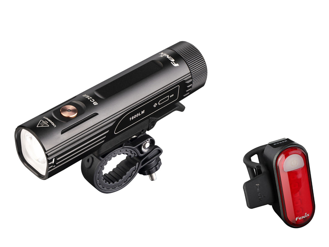 A set of Fenix brand bike lights, featuring a USB Type-C rechargeable BC26R front light and a red BC05R V2 taillight