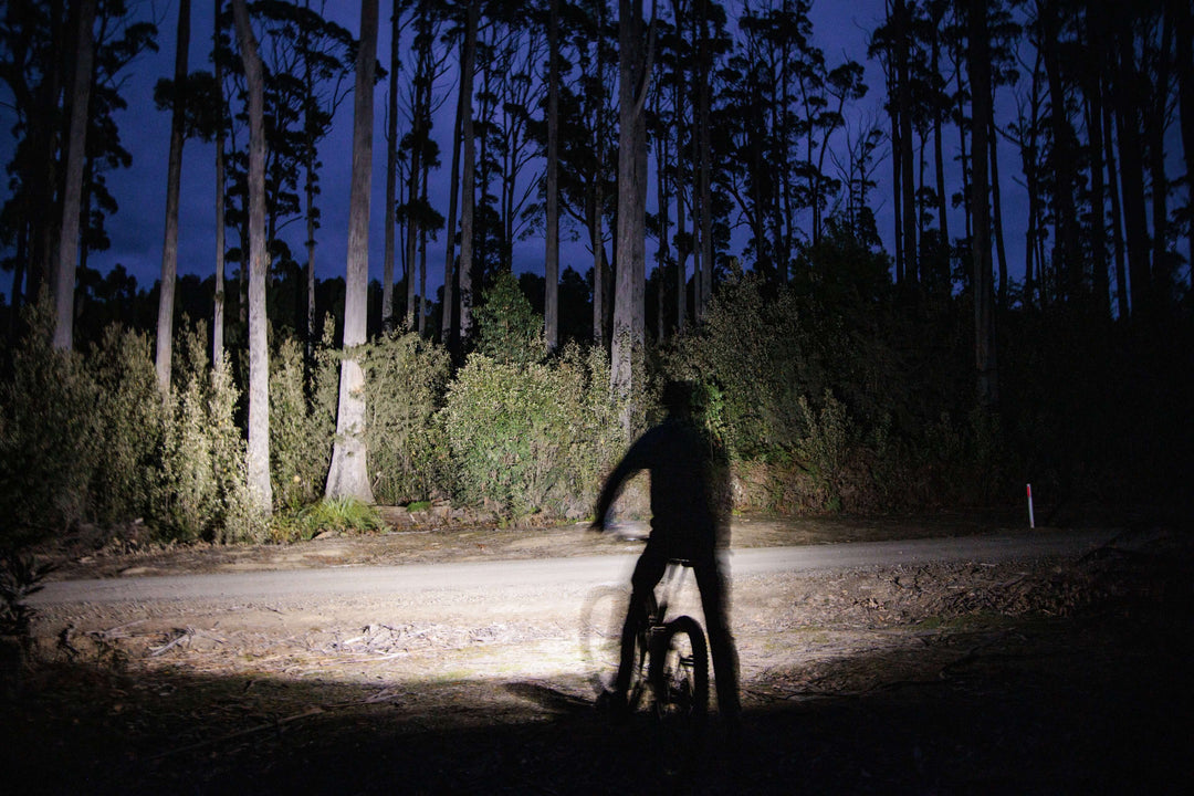 The light from the Fenix BC45R Mountain Biking Light flooding a trail at night
