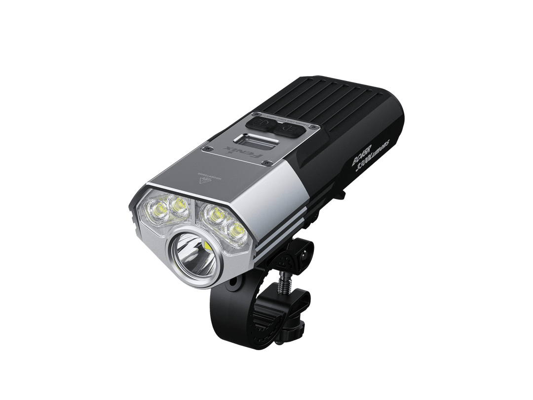 Black and silver Fenix BC45R Mountain Biking Light on a black background