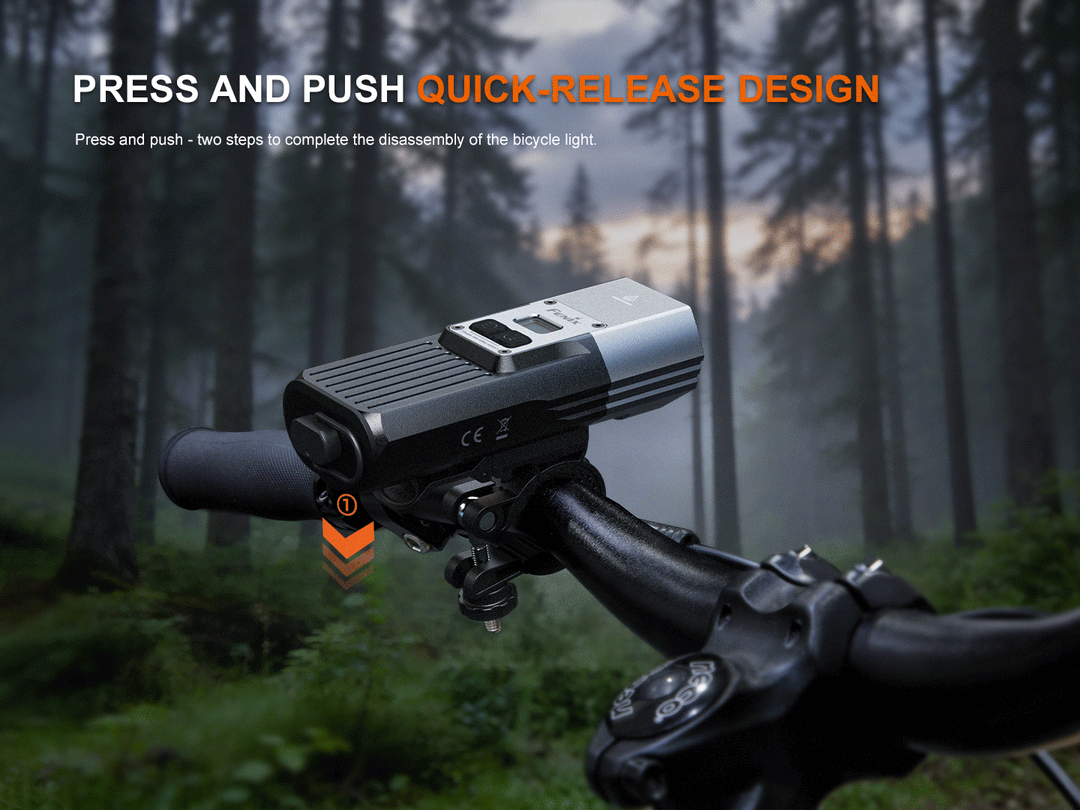 A GIF showing the quick-release feature of the Fenix BC45R Mountain Biking Light handlebar mount