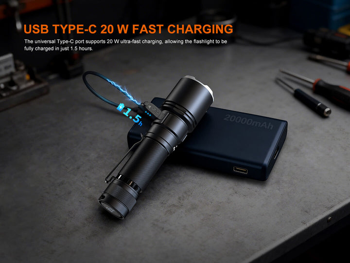 Fenix C7 Pro Quick-Charging Work Flashlight and power bank with USB Type-C charging on a dark surface