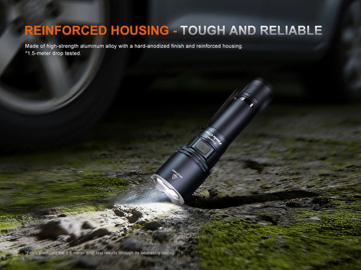 Black Fenix C7 Pro Quick-Charging Work Flashlight on a textured surface with text about reinforced housing