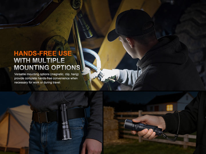 Person using a Fenix C7 Pro Quick-Charging Work Flashlight with text about hands-free use and mounting options.