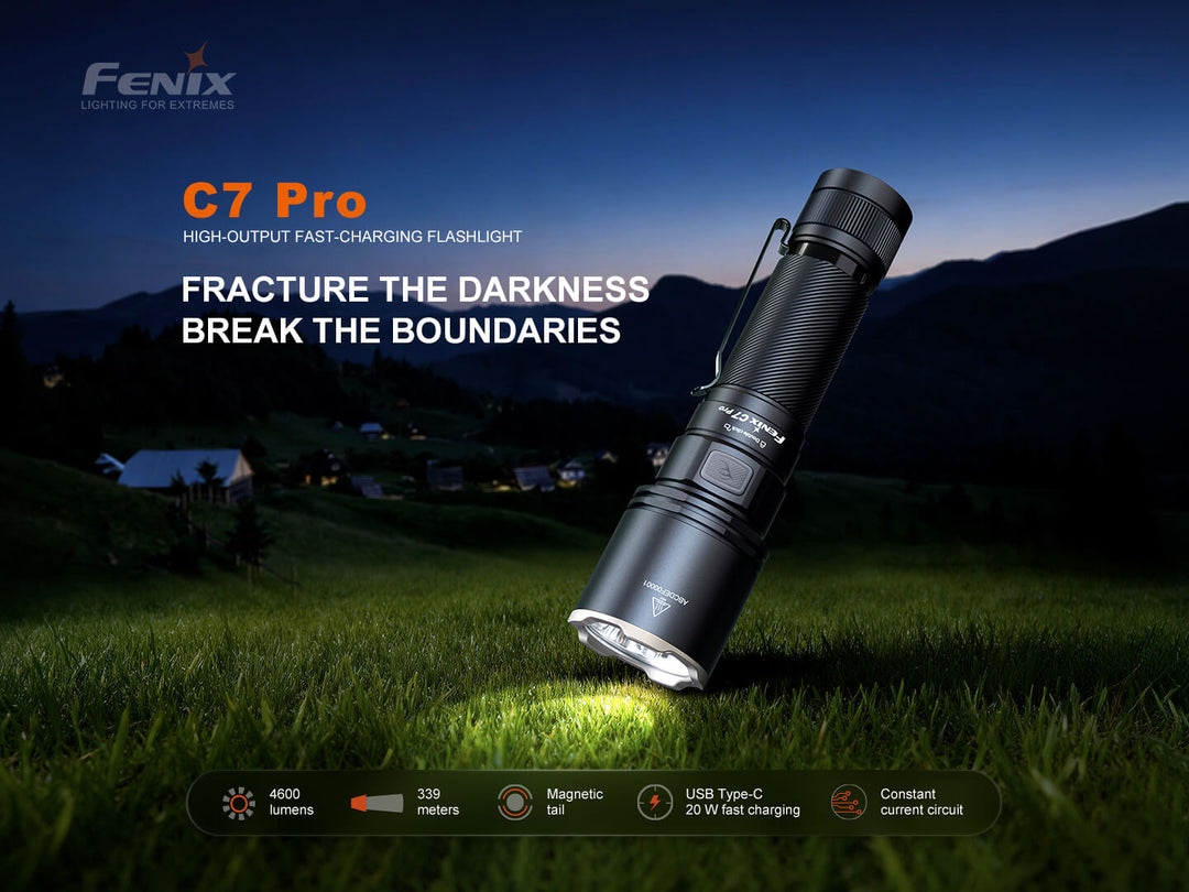 Fenix C7 Pro flashlight on grass with night scene and text highlighting features