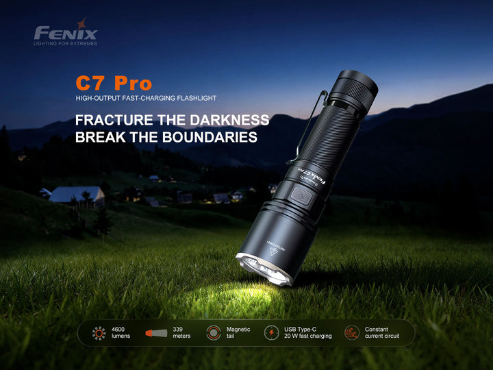 Fenix C7 Pro flashlight on grass with night scene and text highlighting features