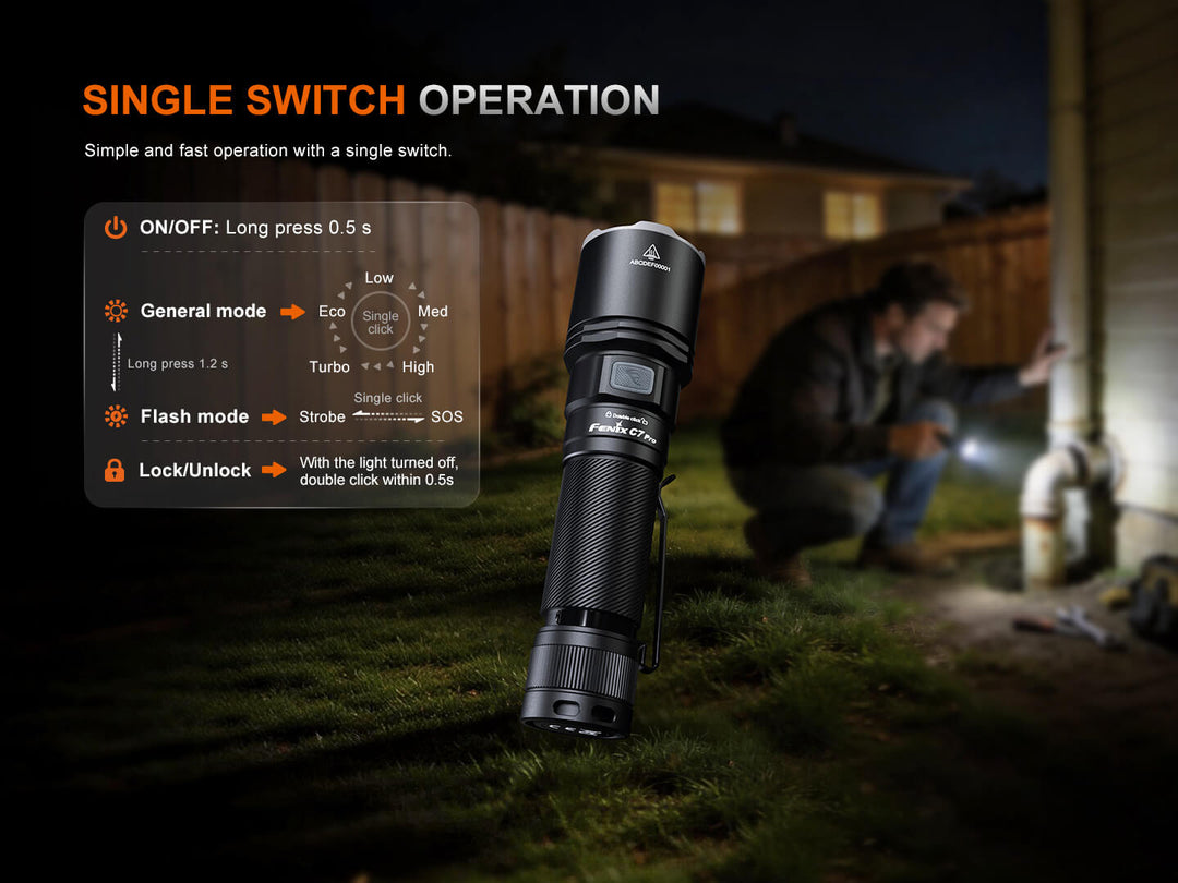 Fenix C7 Pro Quick-Charging Work Flashlight with user manual overlay on grass at night, person using flashlight in background