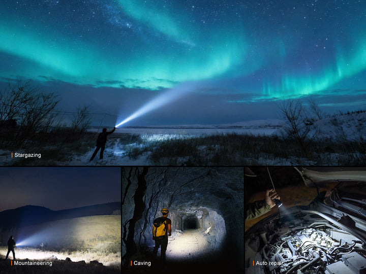 Collage of people using Fenix C7 Pro Quick-Charging Work Flashlight in various settings with a focus on the Northern Lights.