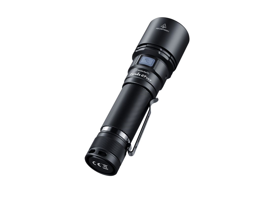Black Fenix C7 V2 flashlight with visible Fenix logo on a black background