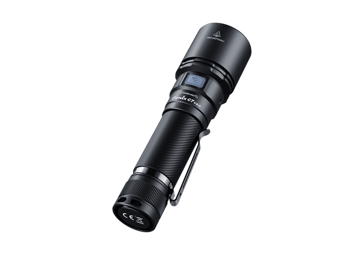 Black Fenix C7 V2 flashlight with visible Fenix logo on a black background