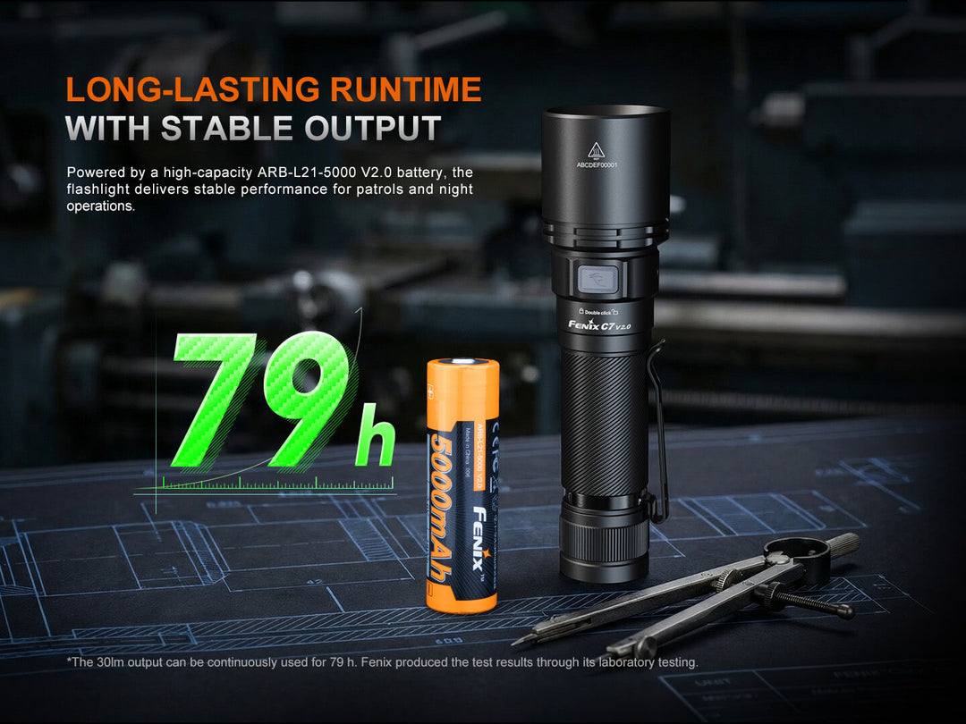 Fenix C7 V2 flashlight with battery on a dark background, highlighting long-lasting runtime.