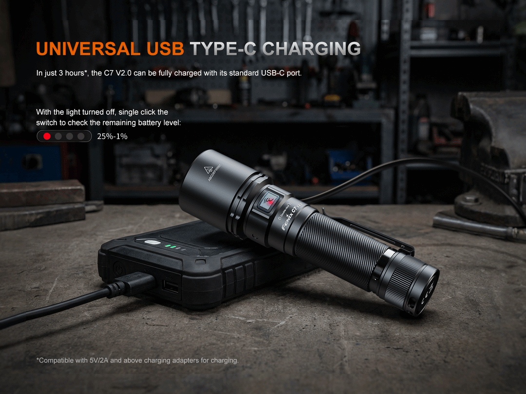 A GIF showing the Fenix C7 V2 flashlight being charged by a powerbank