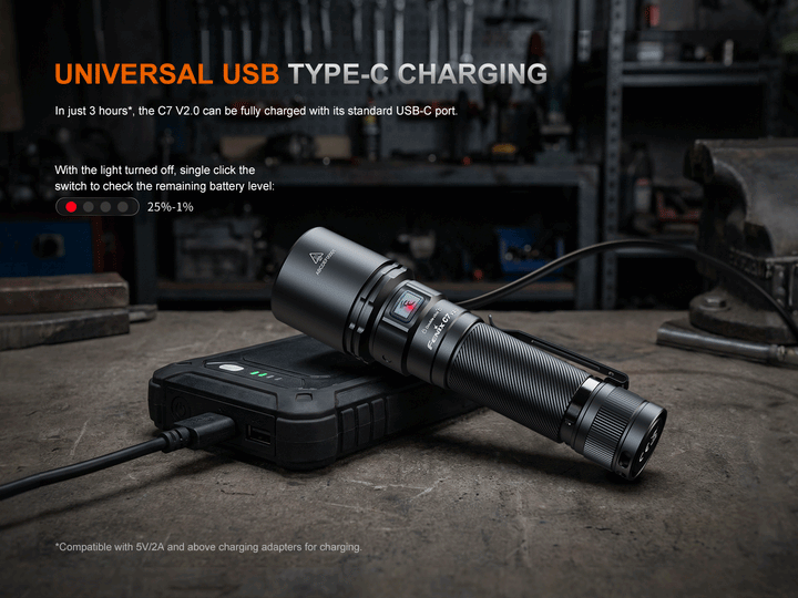 A GIF showing the Fenix C7 V2 flashlight being charged by a powerbank