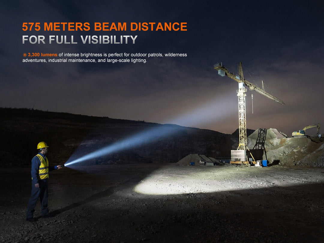 Person using a Fenix C7 V2 flashlight to illuminate a construction site with a crane at night.