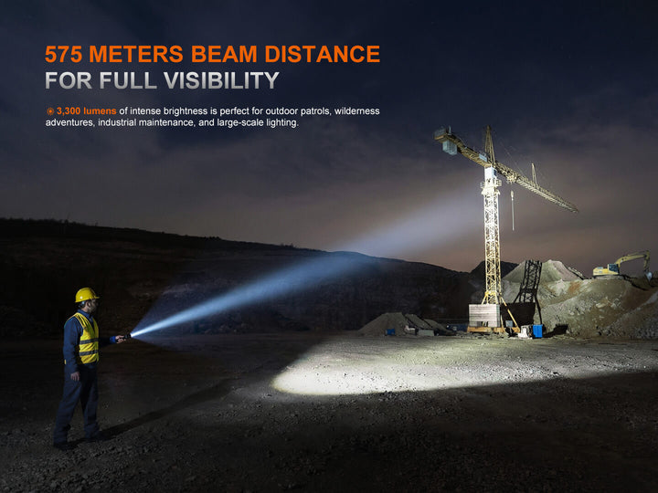 Person using a Fenix C7 V2 flashlight to illuminate a construction site with a crane at night.