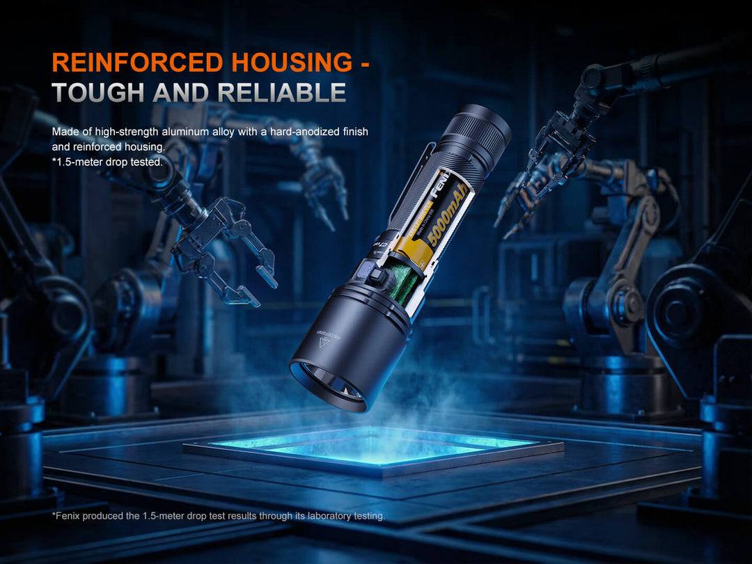 Tough Fenix C7 V2 flashlight with reinforced housing in a high-tech setting