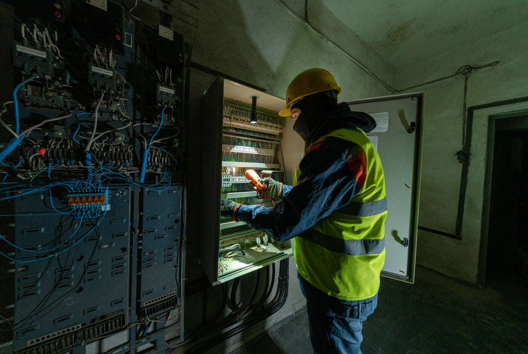 Person in a high-visibility jacket and hard hat working on electrical panels in a control room using the Fenix C7 V2 Flashlight.