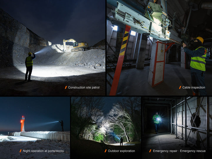 Collage of images showing a person using a Fenix C7 V2 flashlight in various settings including a construction site, cable inspection, night operation at ports, outdoor exploration, and emergency repair.