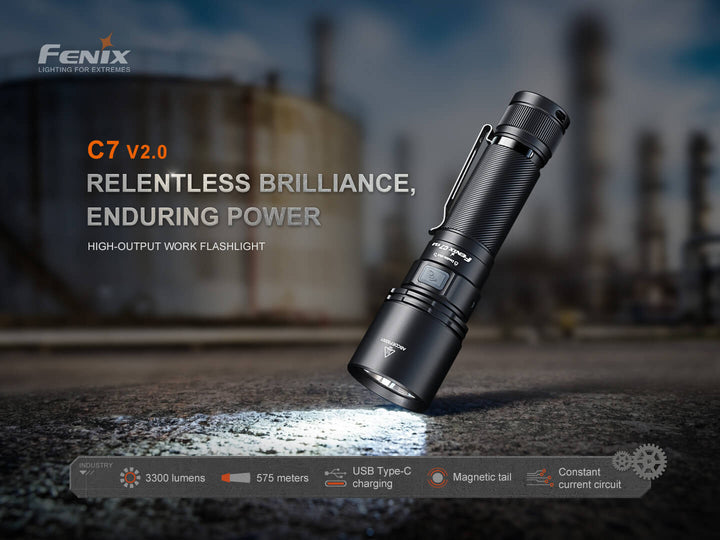 Fenix C7 V2.0 flashlight with text on relentless brilliance and enduring power, set against a blurred industrial background.