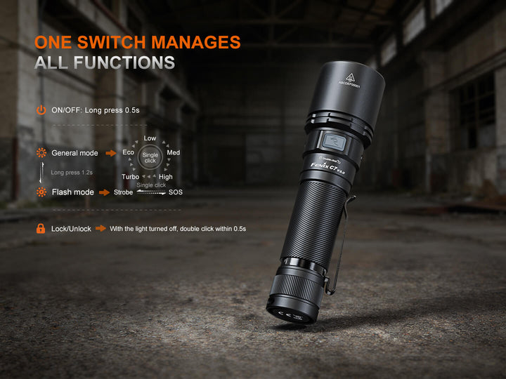Black Fenix C7 V2 flashlight on a dark textured surface with control options displayed.