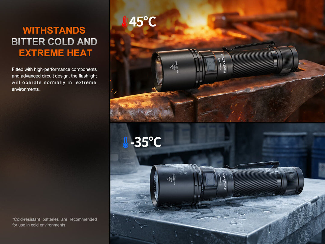 Fenix C7 V2 flashlight withstands extreme temperatures with text on durability.