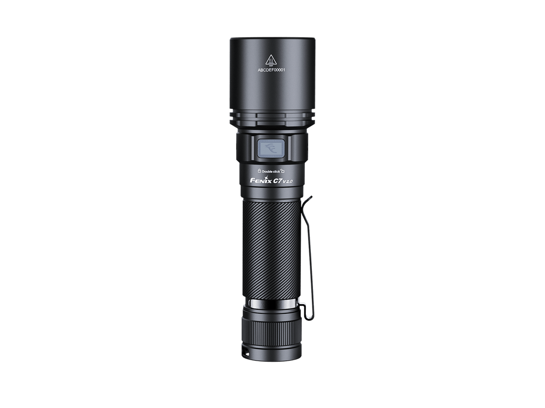 Black Fenix C7 V2 flashlight on a black background