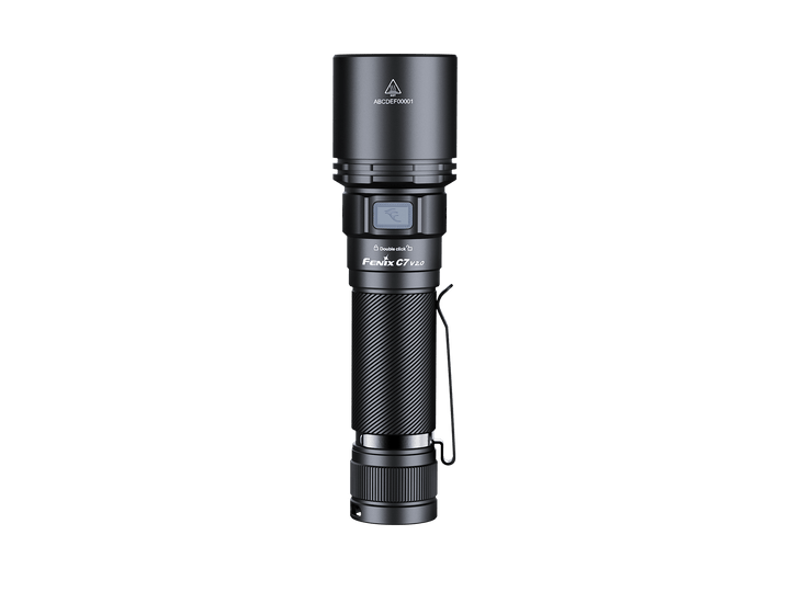 Black Fenix C7 V2 flashlight on a black background