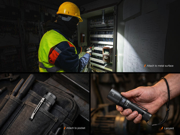 Collage of a person in a workshop using a Fenix C7 V2 flashlight, flashlight attachments, and flashlight in use.