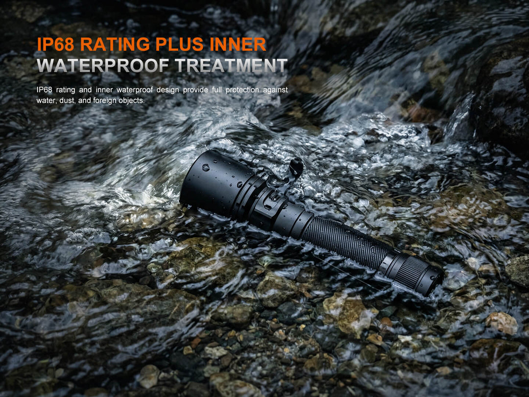 Black Fenix C7 V2 flashlight on a rocky surface with water, featuring IP68 rating text.