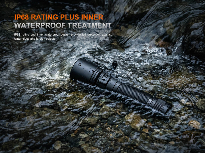 Black Fenix C7 V2 flashlight on a rocky surface with water, featuring IP68 rating text.