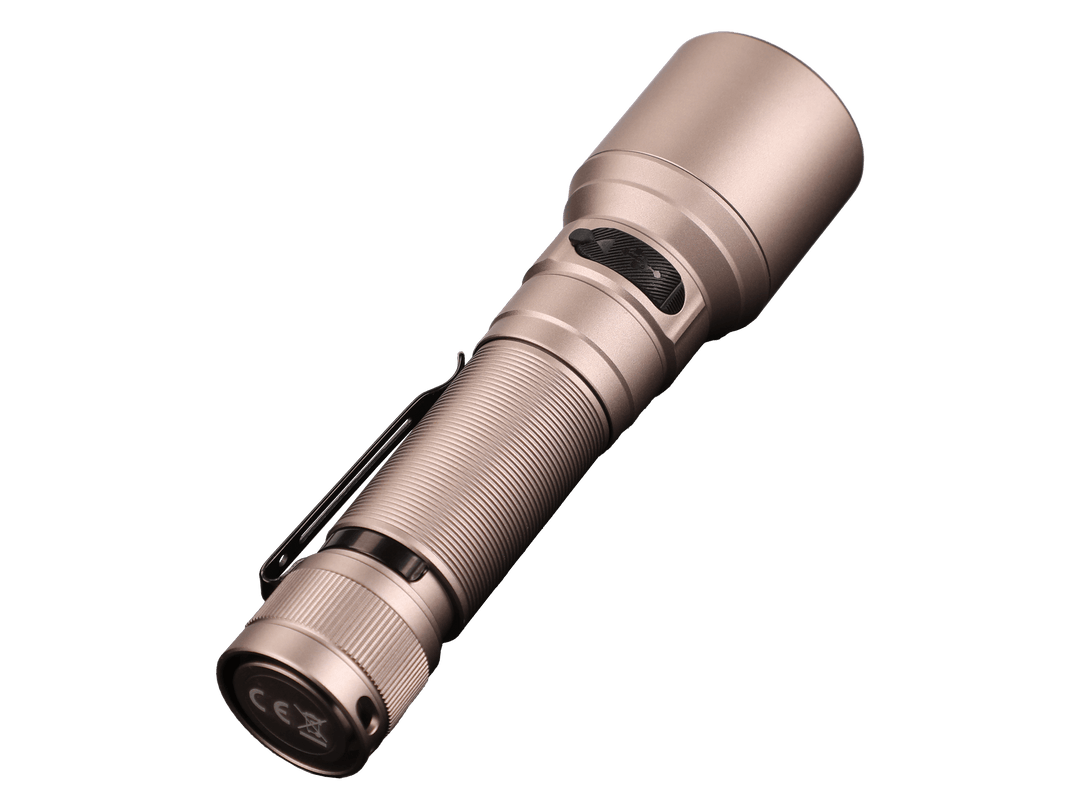 Metallic gray Fenix C7 rechargeable LED flashlight on a black background
