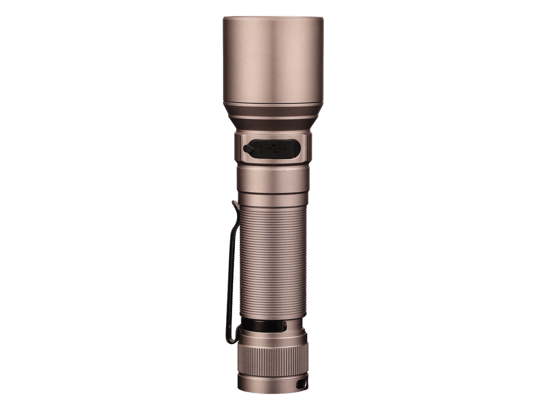 Metallic Fenix C7 rechargeable LED flashlight on a white background