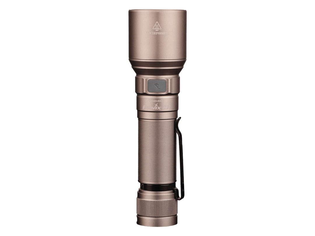 Metallic Fenix C7 rechargeable LED flashlight on a white background