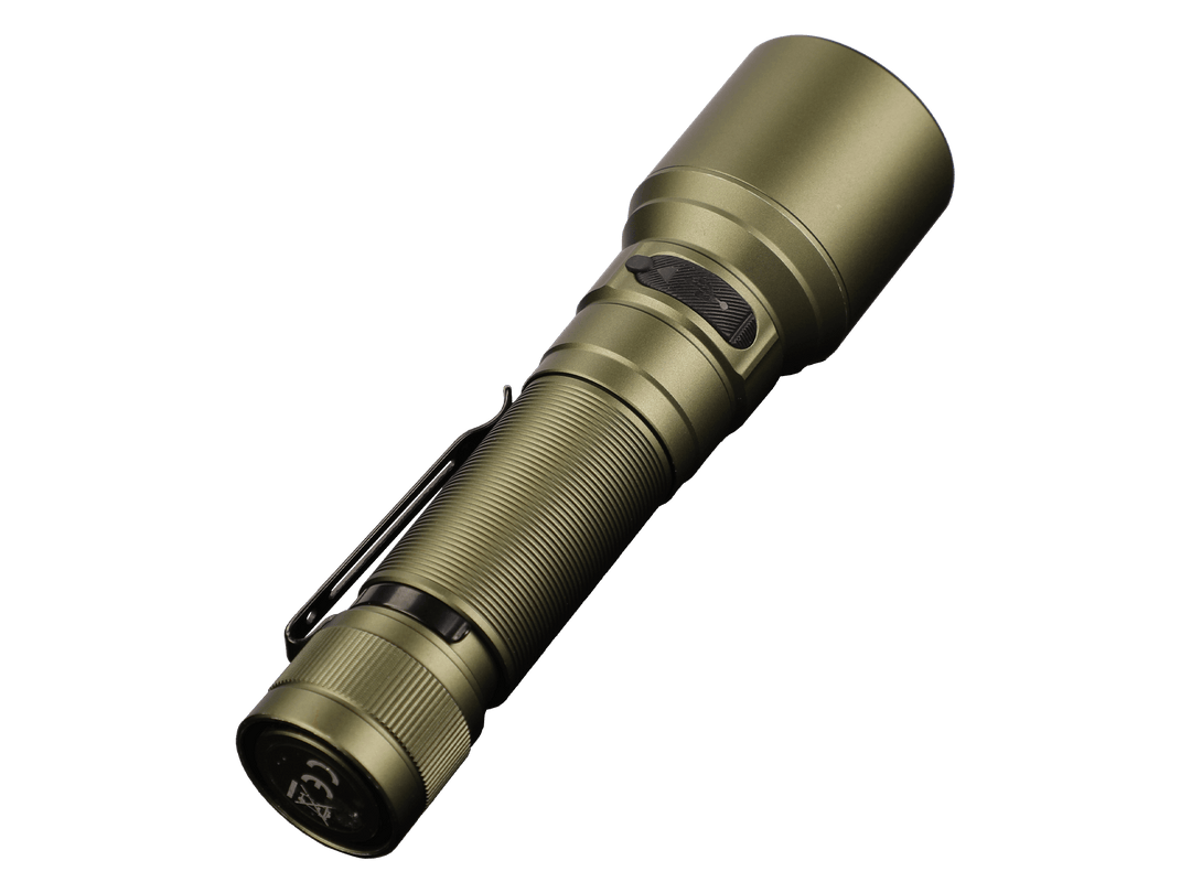 Olive green Fenix C7 rechargeable LED flashlight on a black background