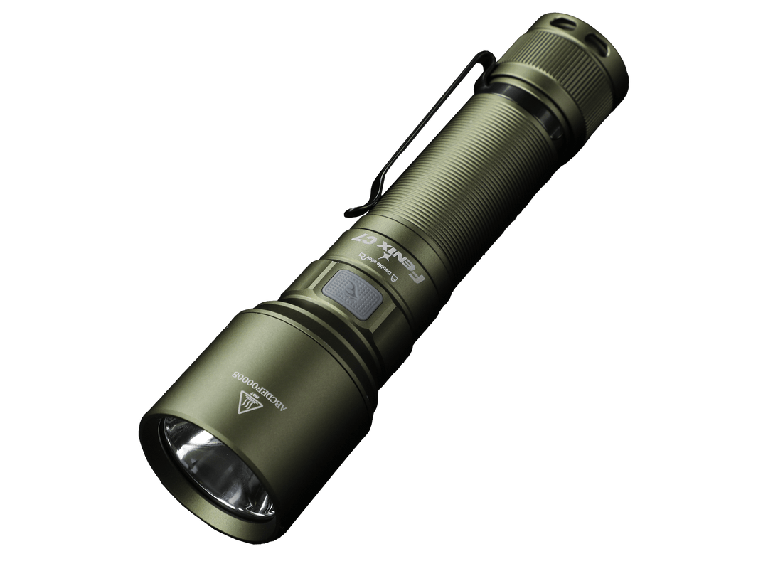 Green Fenix C7 rechargeable LED flashlight on a black background
