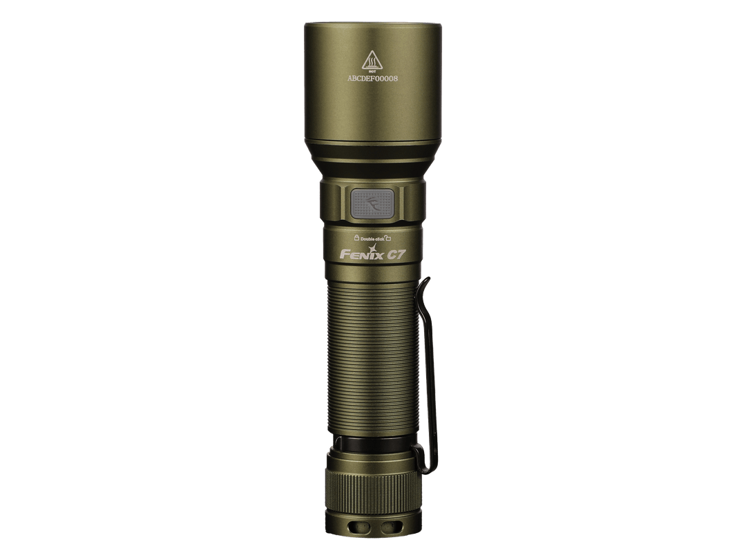Green Fenix C7 rechargeable LED flashlight with 'Fenix' branding on a black background
