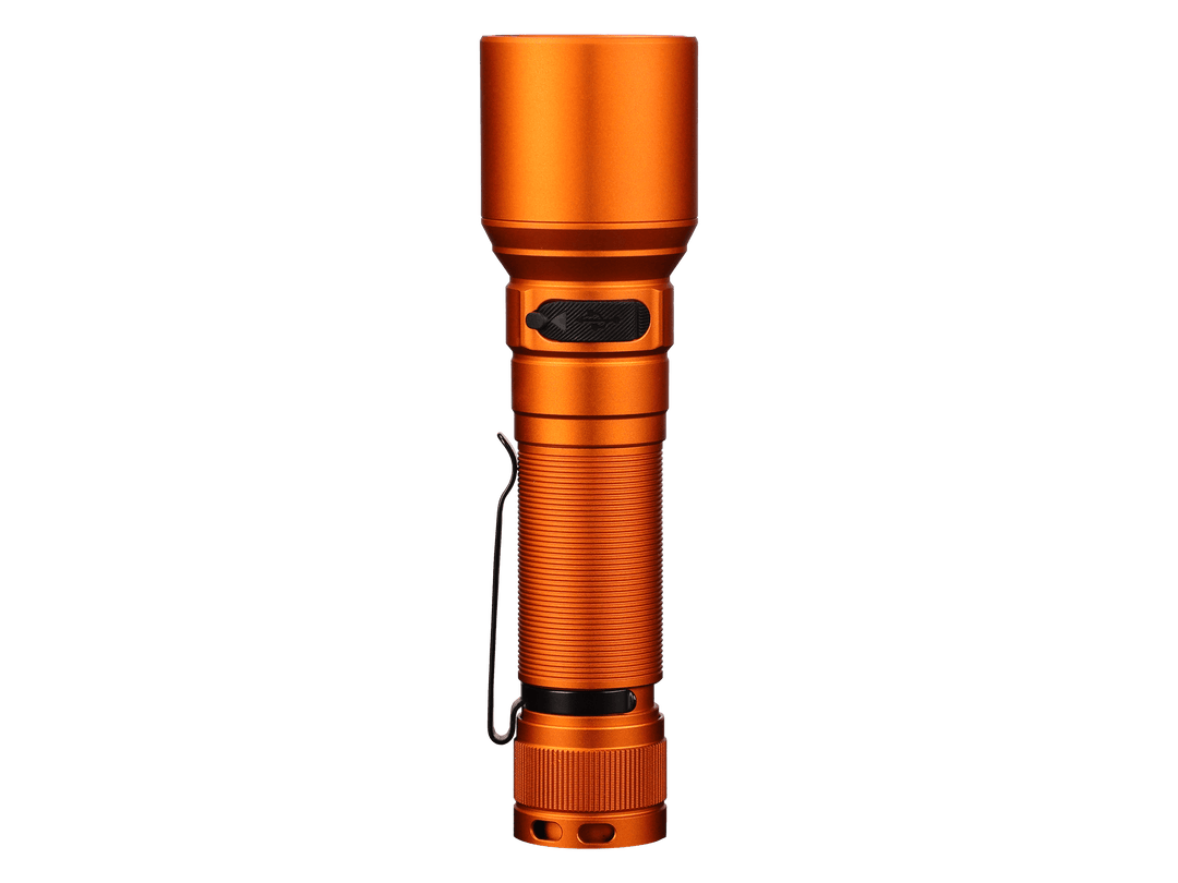 Orange Fenix C7 rechargeable LED flashlight on a black background